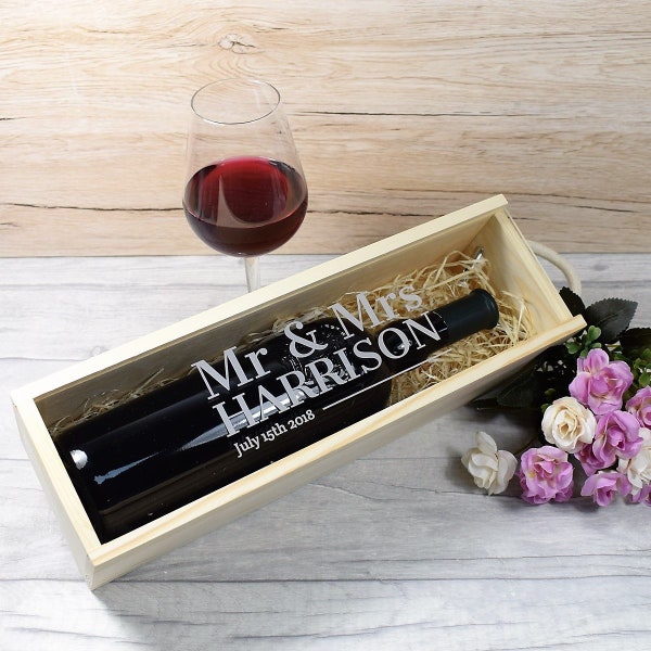 Personalised Wine Box Engraved Rustic Wooden Wedding Wine Box, Wooden Wine Boxes, Engraved Wine Box with Clear Lid - Mr & Mrs