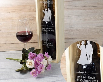 Personalised Wooden Wine Box Engraved Rustic Wedding Wine Gift Box, Wooden Wine Box with Clear Lid - Bride & Groom
