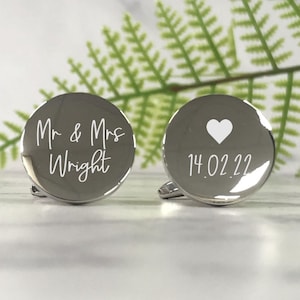 Silver Personalised Engraved Surname ROUND Wedding Cufflinks Personalised Engraved Gift Box Available image 1