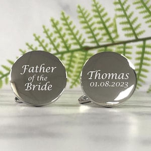 Mens Personalised Father of the Bride Wedding Day Custom Engraved ROUND Cufflinks Personalised Engraved Gift Box Available image 1