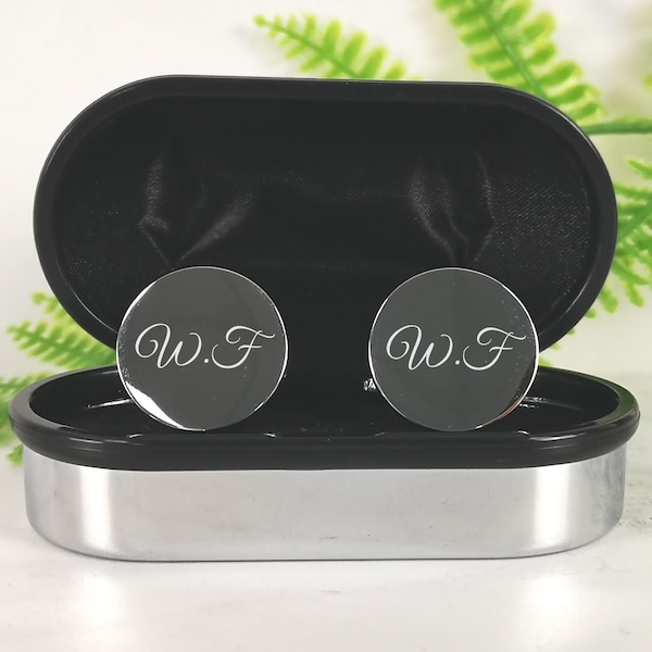 Silver Personalised Engraved Monogram Initial ROUND Cufflinks - Wedding / Birthday Gift - Personalised Engraved Gift Box Available