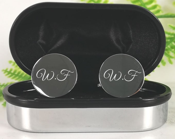Silver Personalised Engraved Monogram Initial ROUND Cufflinks - Wedding / Birthday Gift - Personalised Engraved Gift Box Available