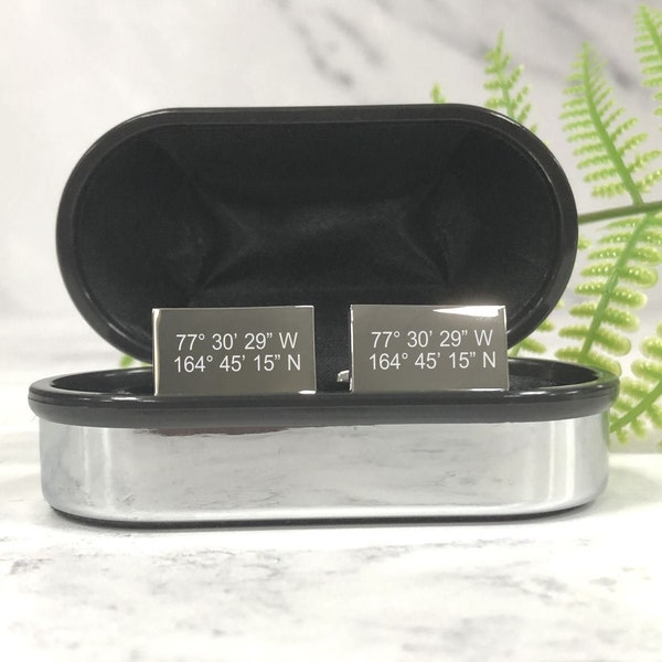 Mens Personalised Co-Ordinates Special Place Wedding Day Custom Engraved RECTANGLE Cufflinks - Personalised Engraved Gift Box Available