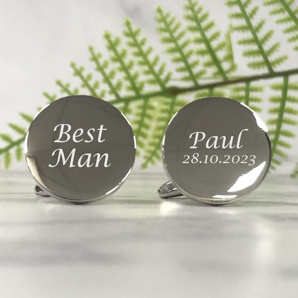 Mens Personalised Best Man Wedding Day Custom Engraved ROUND Cufflinks - Personalised Engraved Gift Box Available