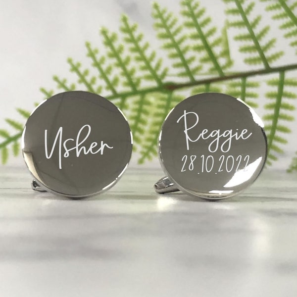 Mens Personalised Usher Wedding Day Custom Engraved ROUND Cufflinks - Personalised Engraved Gift Box Available