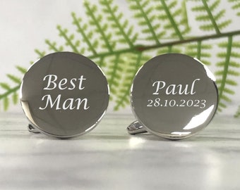 Mens Personalised Best Man Wedding Day Custom Engraved ROUND Cufflinks - Personalised Engraved Gift Box Available