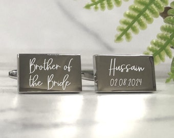 Mens Personalised Brother of the Bride Wedding Day Custom Engraved RECTANGLE Cufflinks - Personalised Engraved Gift Box Available