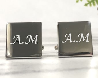 Silver Personalised Engraved Initial SQUARE Cufflinks - Wedding and Birthday Gift - Personalised Engraved Gift Box Available