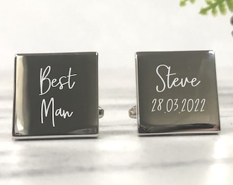 Mens Personalized Best Man Wedding Day Custom Engraved SQUARE Cufflinks - Coffret cadeau gravé personnalisé disponible