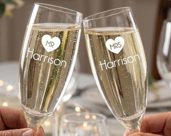 Personalised Wedding Champagne Flutes, Mr & Mrs Gift, Engraved Glasses Set of 2