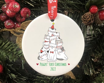 Cats First Christmas Ornament Personalised Cat Christmas Tree Decoration Ceramic Printed Bauble - Cat Christmas Gifts