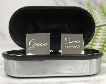 Mens Personalised Groom Wedding Day Custom Engraved SQUARE Cufflinks - Personalised Engraved Gift Box Available