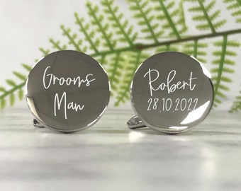 Mens Personalised Grooms Man Wedding Day Custom Engraved ROUND Cufflinks Groomsman Gift - Personalised Engraved Gift Box Available