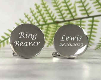 Mens Personalized Ring Bearer Wedding Day Custom Engraved ROUND Cufflinks - Coffret cadeau gravé personnalisé disponible