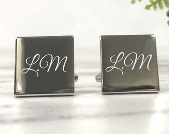 Silver Personalised Engraved Monogram Initial SQUARE Cufflinks - Wedding / Birthday Gift - Personalised Engraved Gift Box Available