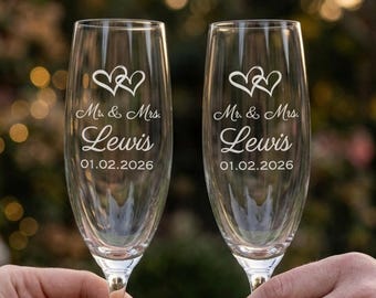 Engraved Mr & Mrs Champagne Flutes, Personalised Wedding Gift