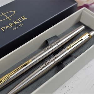 Gepersonaliseerde pennenset, gegraveerde pen, roestvrijstalen GOUDBEKLEDING Parker Jotter balpen en vulpenset, afstuderen, huwelijkscadeau, verjaardag