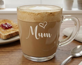 Engraved Glass Mug, Personalised with Name and Heart Design, Mum Gifts