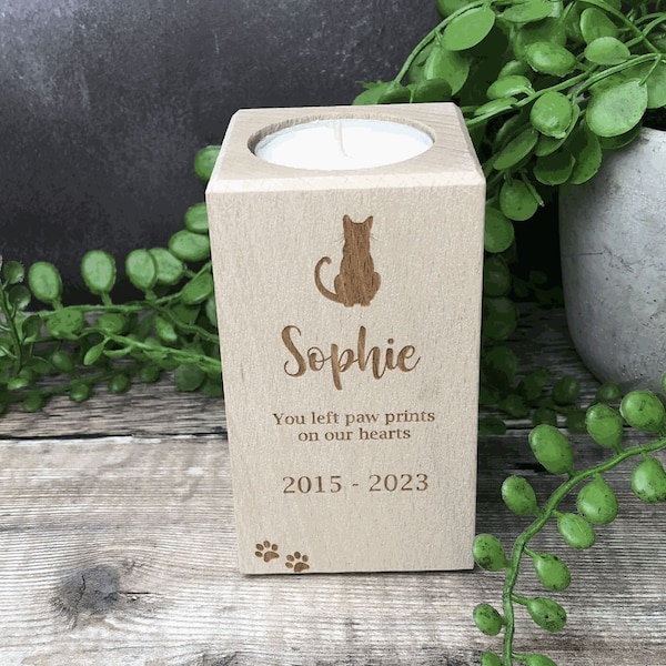 Personalised Engraved Wooden Pet Cat Memorial Tealight Holder Pillar Block - Memorial Candle, Cat Remembrance Candle, Paw Prints Candle