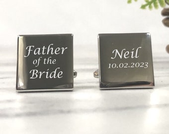 Mens Personalised Father of the Bride Wedding Day Custom Engraved SQUARE Cufflinks - Personalised Engraved Gift Box Available