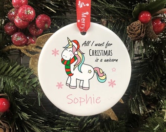 Personalised Unicorn Christmas Tree Decoration Printed Bauble Gift - Unicorn Gifts, Unicorn Stocking Filler, Tree Ornament
