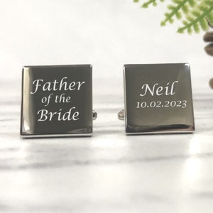 Mens Personalised Father of the Bride Wedding Day Custom Engraved SQUARE Cufflinks - Personalised Engraved Gift Box Available