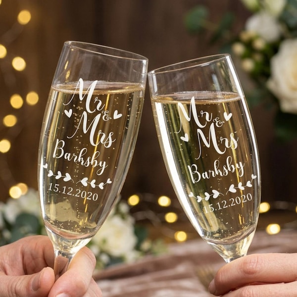 Personalised Wedding Champagne Flutes, Mr & Mrs Engraved Bride and Groom Glasses Engraved Champagne Flutes, Set of 2