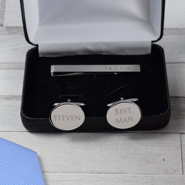 Mens Personalised Custom Engraved Tie Slide & Oval Cufflink Set - Tie Clip - Silver Tie Bar and Cufflinks - Wedding and Birthday Gift