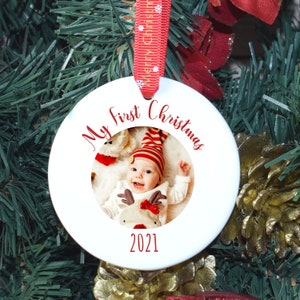 Customised Photo Bauble - Babys First Christmas Bauble Personalised Tree Decoration Ceramic Printed Bauble - Babys Photo Christmas Gifts