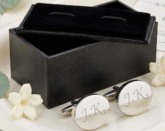 Silver OVAL Personalised Engraved Initial Cufflinks - Wedding and Birthday Gift - Personalised Engraved Gift Box Available