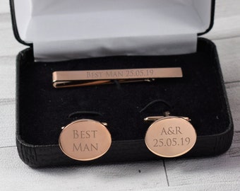 Mens Personalised Custom Rose Gold Engraved Tie slide & cufflink set - Tie clip - Rose Gold Tie Bar and Cufflinks -Wedding and Birthday Gift