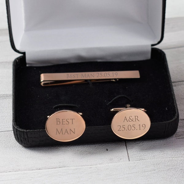 Mens Personalised Custom Rose Gold Engraved Tie slide & cufflink set - Tie clip - Rose Gold Tie Bar and Cufflinks -Wedding and Birthday Gift