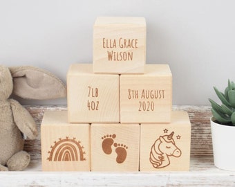 Personalised Baby Birth Block Keepsakes Cube Engraved with: Feet, Name, Weight, Date & Time, Unicorn, Rainbow, Heart Baby Building Blocks