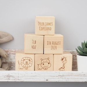 Personalised Baby Birth Block Keepsakes Cube Engraved: Feet, Name, Weight, Date & Time, Safari Animals, Zoo Animals Baby Building Blocks