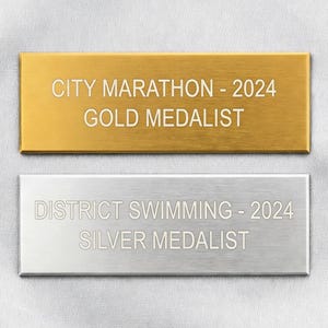 May include: Two rectangular metal plaques. The top plaque is gold and reads "CITY MARATHON - 2024 GOLD MEDALIST." The bottom plaque is silver and reads "DISTRICT SWIMMING - 2024 SILVER MEDALIST."