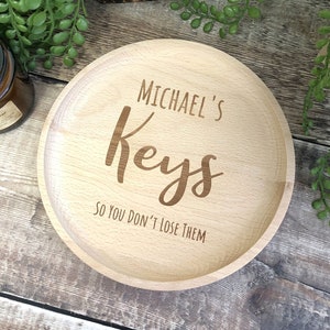 Personalised Wooden Key Coin Tray - Wooden Trinket Dish - Father&#39;s Day Gift - Key Tray - Engraved Bedside Tray - Gifts For Dad
