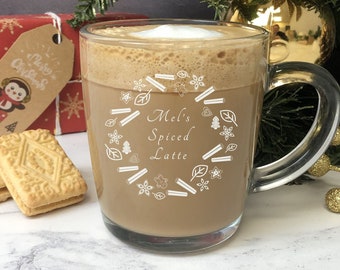 Personalizowany szklany kubek, kubek do kawy, kubek do latte, latte z przyprawami, herbata, gorąca czekolada, kawa, grzane wino prezenty dla niego i dla niej