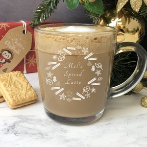 Personalised Glass Mug, Coffee Mug, Latte Mug, Spiced Latte, Tea, Hot Chocolate, Coffee, Mulled Wine Gifts for Him & Her