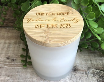 Personalised 'Our New Home' Vanilla Scented Candle Glass Jar with Bamboo Lid  - Engraved Glass Candle - House Warming Candle, New Home Gifts