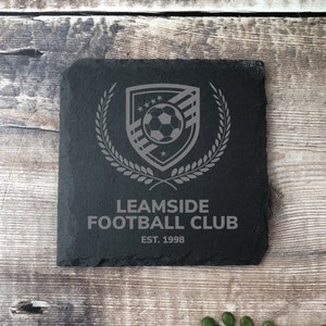 Personalised Engraved Football Badge Slate Coaster, Football Emblem Coaster, Custom Square Coaster, Football Fan Gifts, Dad Gifts