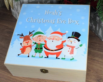 Caja de Nochebuena impresa personalizada - Caja navideña de madera de alta calidad para niños - Lista para llenar con regalos - Papá Noel y sus amigos