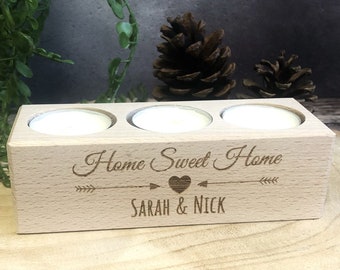 Personalised Engraved Wooden Tealight Candle Holder - Home Sweet Home - New Home - Couple gift - Wedding gift - Solid Wood - Handmade Rustic