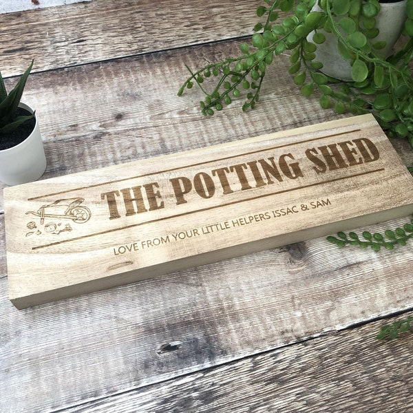 Plaque autoportante en bois gravée Shed 32 cm | Enseigne d'atelier pour jardinier, outil de rempotage, cadeau pour lui ou elle