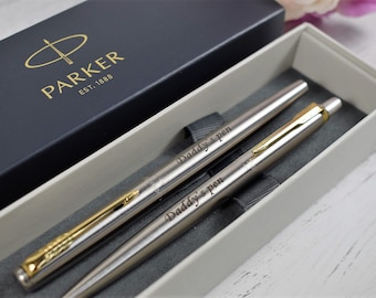 Personalised Pen Set, Engraved Pen, Stainless Steel GOLD TRIM Parker Jotter Ball Pen & Fountain Pen Set, Graduation, Wedding Gift, Birthday