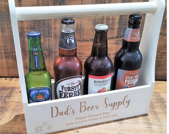 Personalised Beer Caddy, Engraved Wooden Beer Crate, Beer Holder, Father's Day Gift