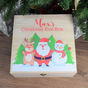Caja de Nochebuena impresa personalizada - Caja navideña de madera personalizada para niños, lista para llenar con regalos - 2 tamaños - Lindo diseño navideño