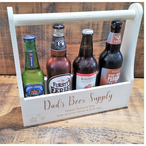 Personalised Beer Caddy, Engraved Wooden Beer Crate, Beer Holder, Father's Day Gift