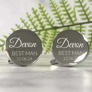 Personalised Silver Cufflinks Engraved with BEST MAN - ROUND - Name and Date Wedding Cufflinks - Personalised Engraved Gift Box Available