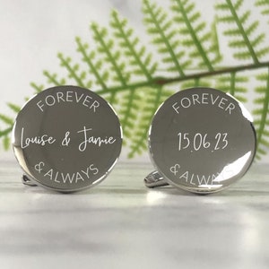 Silver Personalised Engraved &#39;Forever and Always&#39; ROUND Wedding Name Cufflinks - Personalised Engraved Gift Box Option