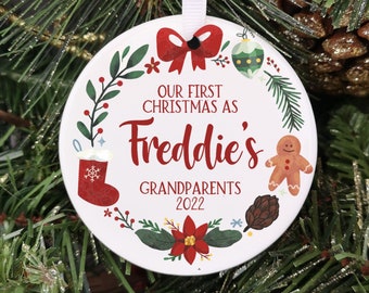 Personalised First Christmas As Grandparents Bauble, Nanny & Granddad First Xmas Tree Decorations, Christmas Keepsake, Christmas Wreath